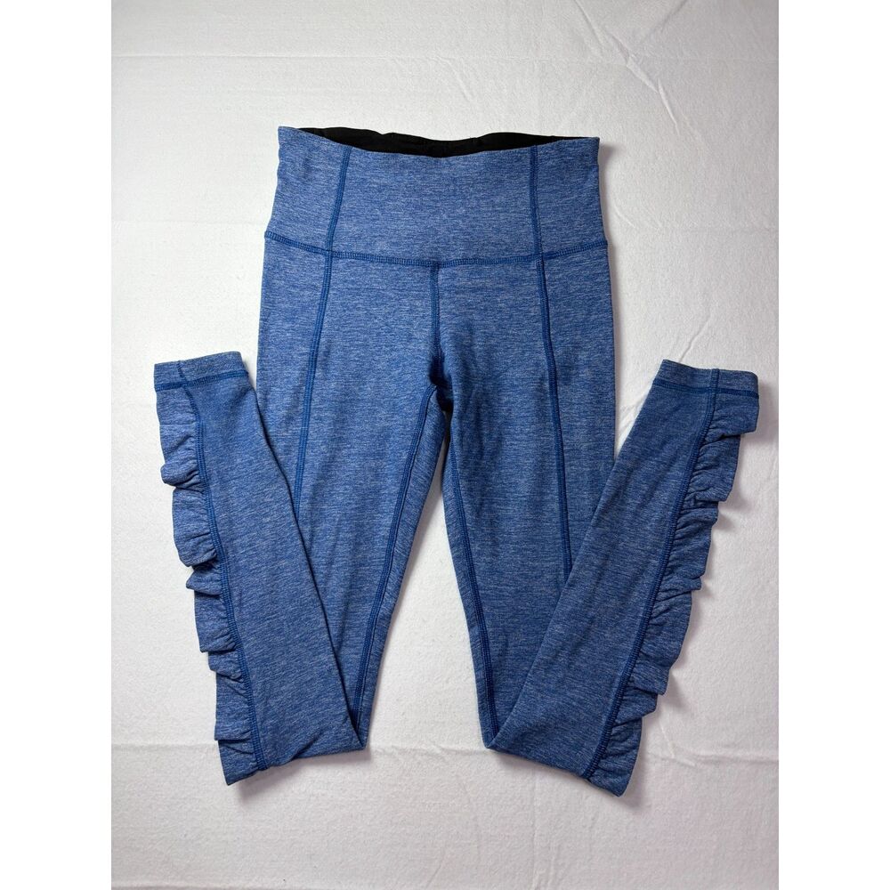 Lululemon Ruffle Side Leggings Heathered Blue High Rise Coquette Pilates Size 2